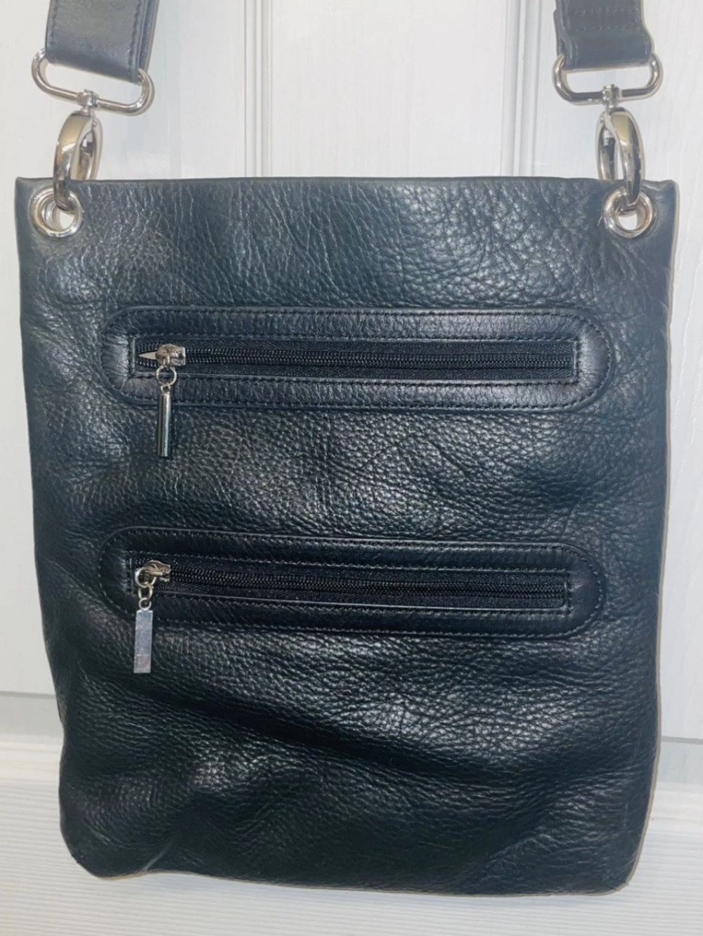 Margot Black Pebble Genuine Leather Slim 3 Zipper Crossbody Handbag
